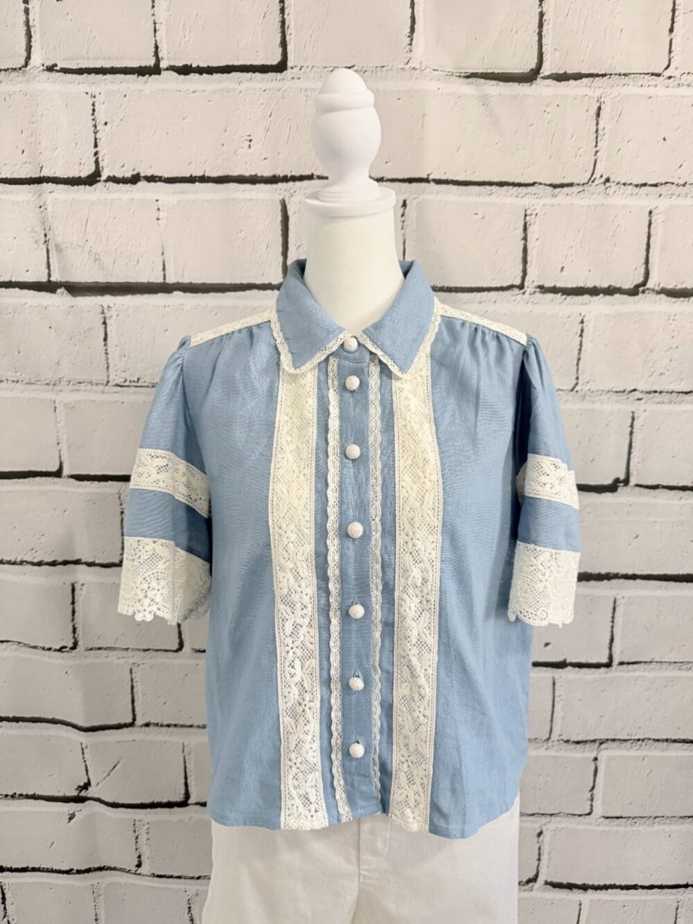 NWT Caroline Constas Blue Linen Lace Blouse Top Size S Cottagecore Boho - Picture 5 of 12